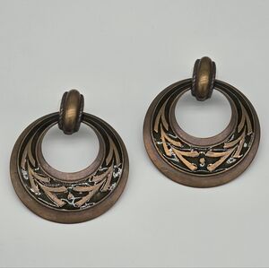 Copper Door Knocker Clip on Earrings Vintage 80s Repousse Chunky Hoops